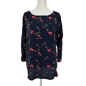 Anna Rose Embroidered Floral Blouse Women M Navy Sheer 3/4 Sleeve Tunic Top